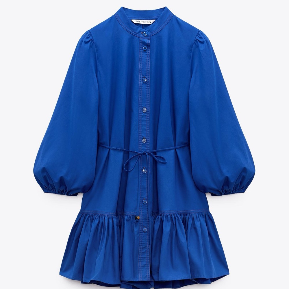 Zara Blue mini dress with tie belt. Worn only twice! Size small